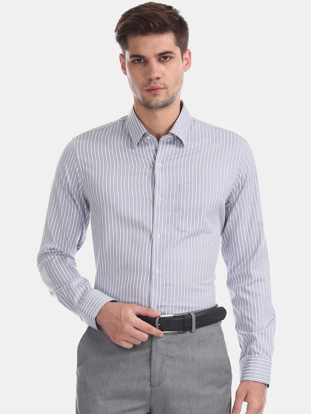 

Arrow Men Grey & White Striped Slim Fit Formal Shirt