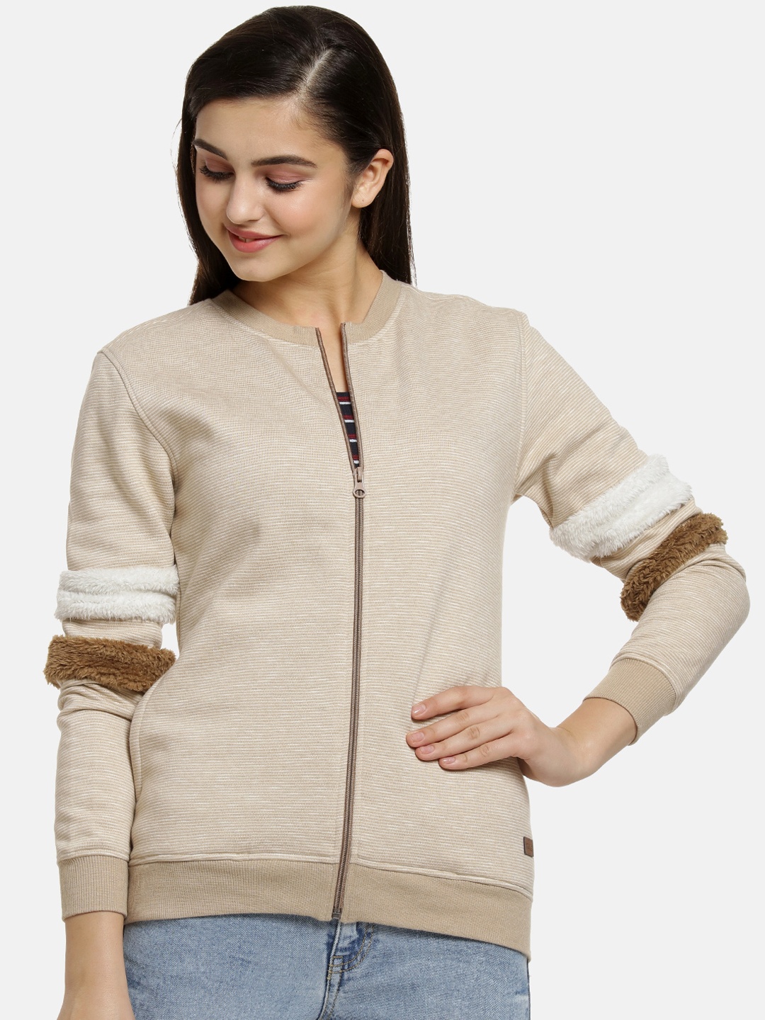 

Campus Sutra Women Cream-Coloured Solid Windcheater Jacket