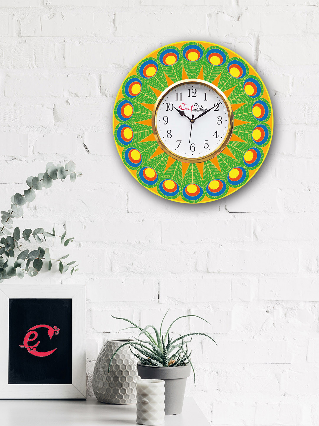 

eCraftIndia White & Yellow Handcrafted Round Printed 30 cm Analogue Wall Clock
