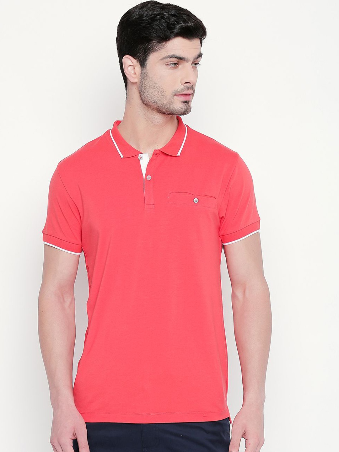 

Kenneth Cole Men Coral Pink Solid Polo Collar Slim Fit T-shirt