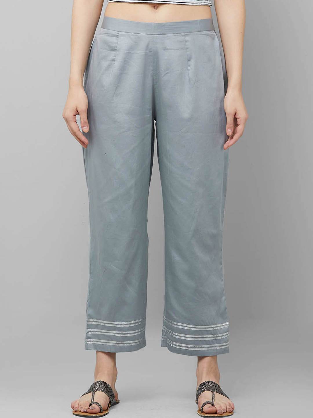 

Indo Era Women Grey Hem Design Straight Palazzos