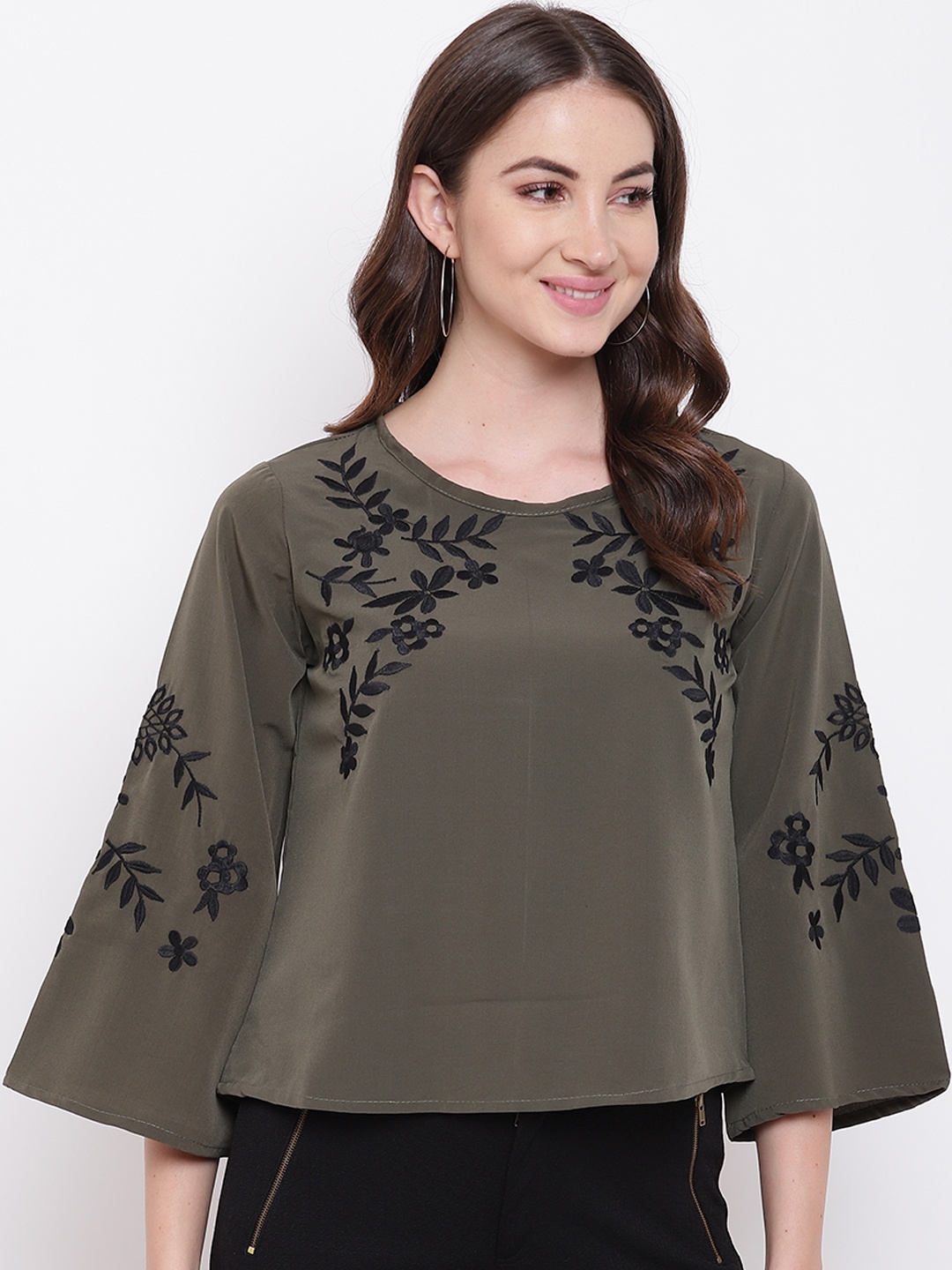 

Mayra Women Olive Green Floral Embroidered A-Line Top