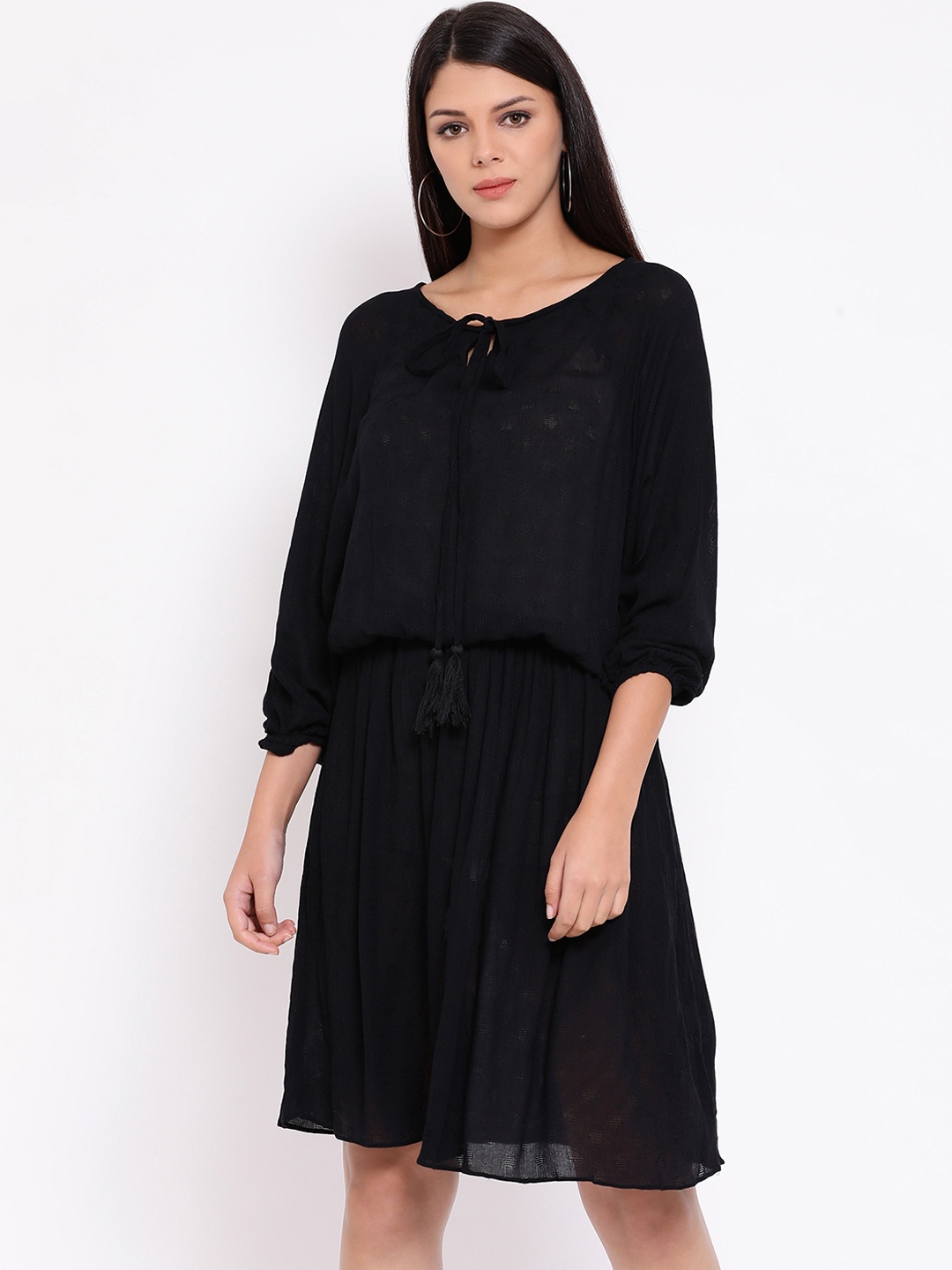 

Oxolloxo Women Black Self Design Blouson Dress