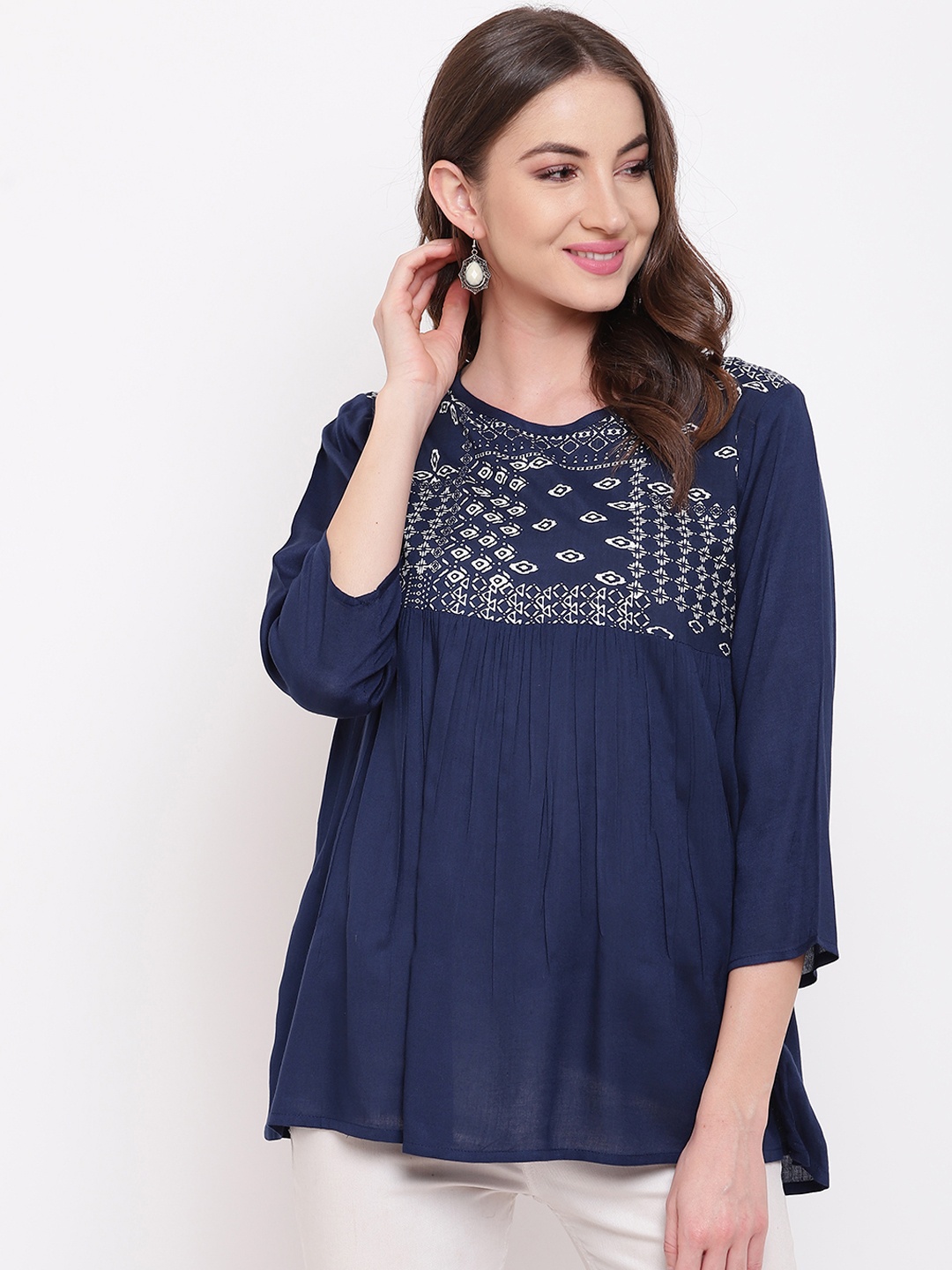 

Mayra Women Navy Blue Printed A-Line Top
