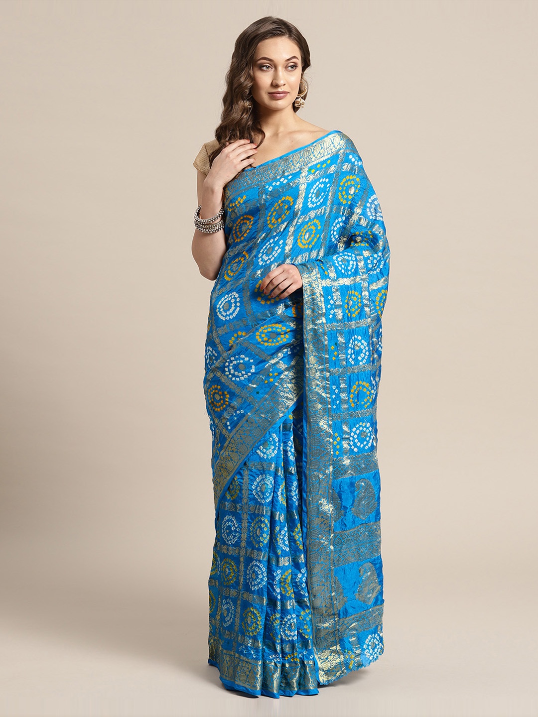 

Geroo Jaipur Hand Dyed Blue Bandhani Silk Gharchola Sustainable Saree