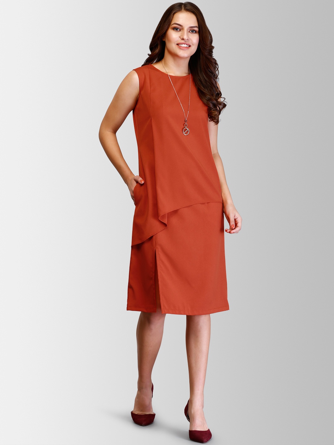 

FableStreet Women Rust Orange Solid Layered Sheath Dress