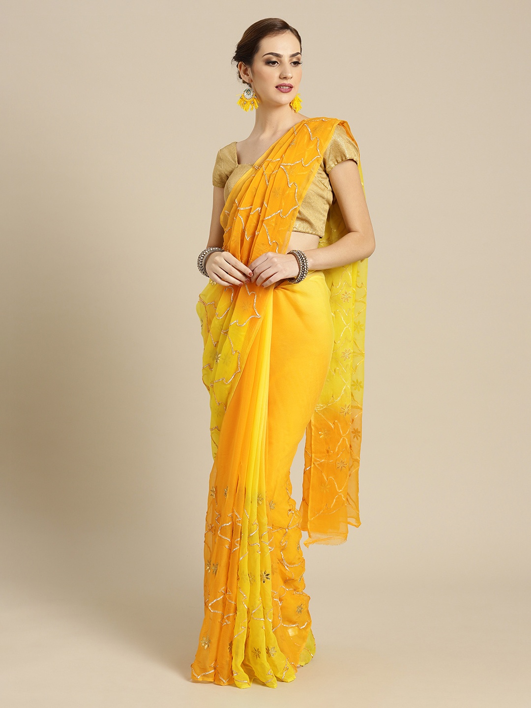 

Geroo Jaipur Yellow Hand Embellished Gota Patti Pure Chiffon Sustainable Saree