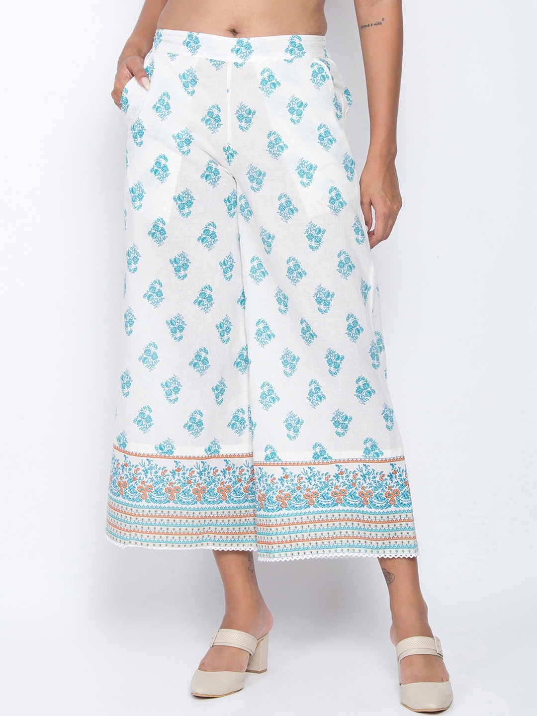 

Be Indi Women White & Blue Printed Wide Leg Palazzos