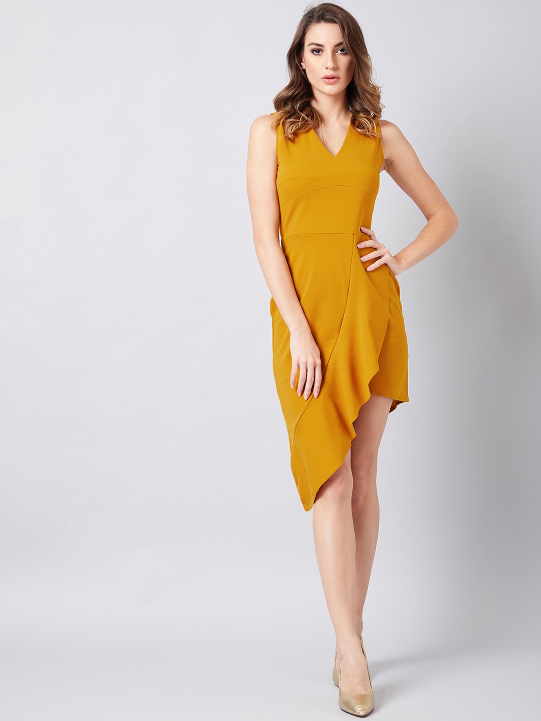 

Athena Women Mustard Yellow Solid Sheath Dress