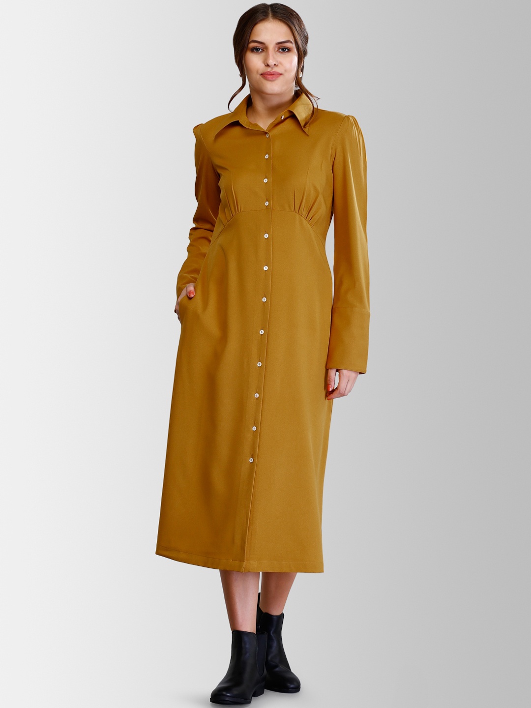 

FableStreet Women Mustard Yellow Solid Shirt Dress