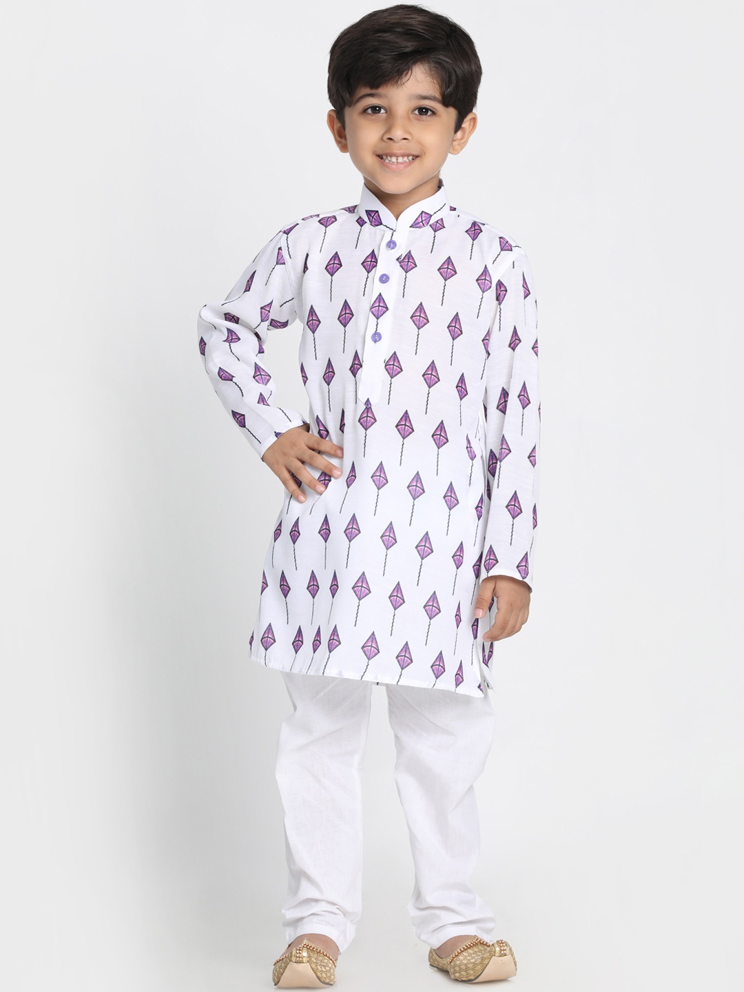 

JBN Creation Boys White & Purple Printed Art Silk Kurta with Churidar