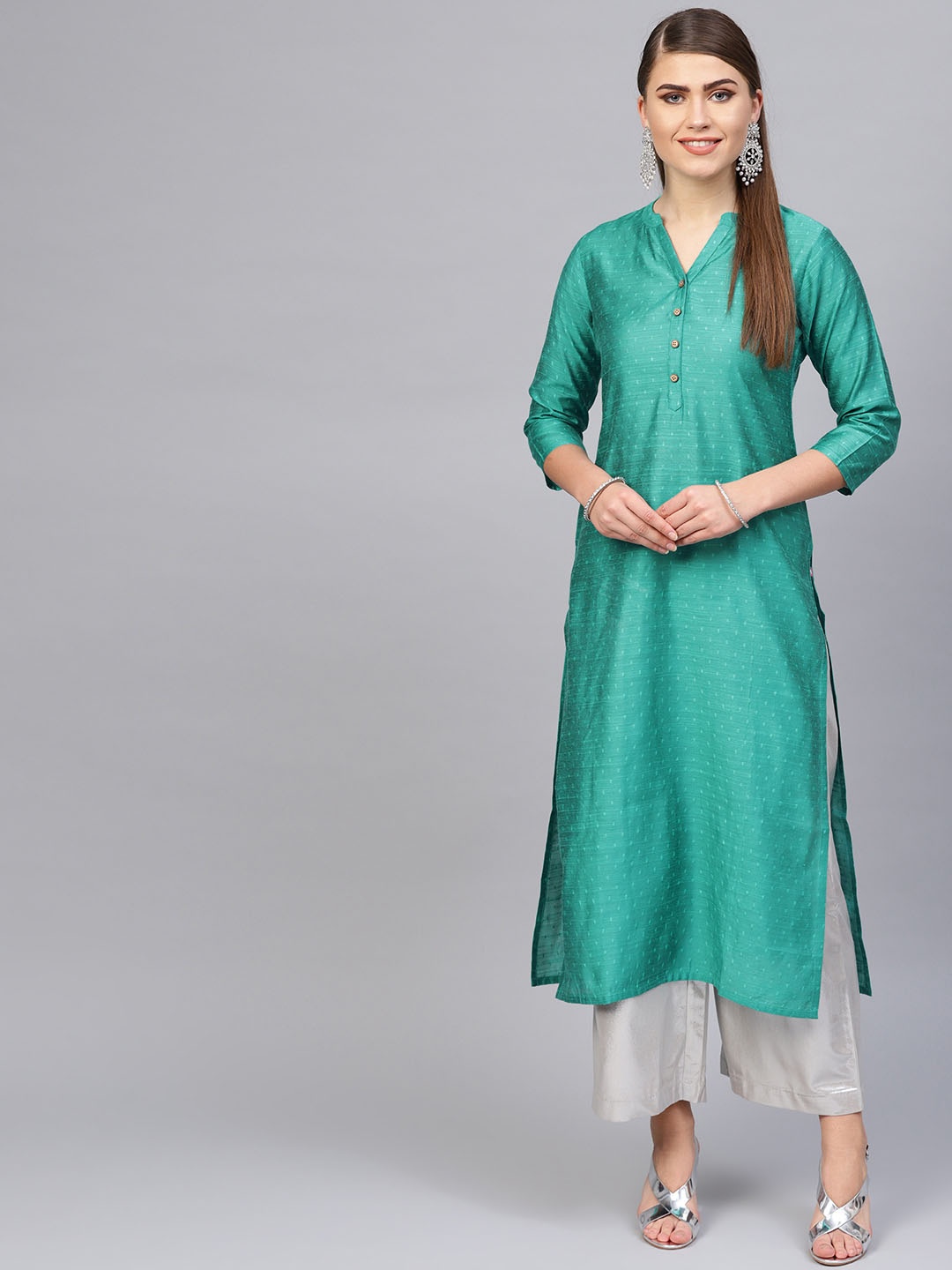 

Varanga Women Sea Green Woven Design Straight Kurta