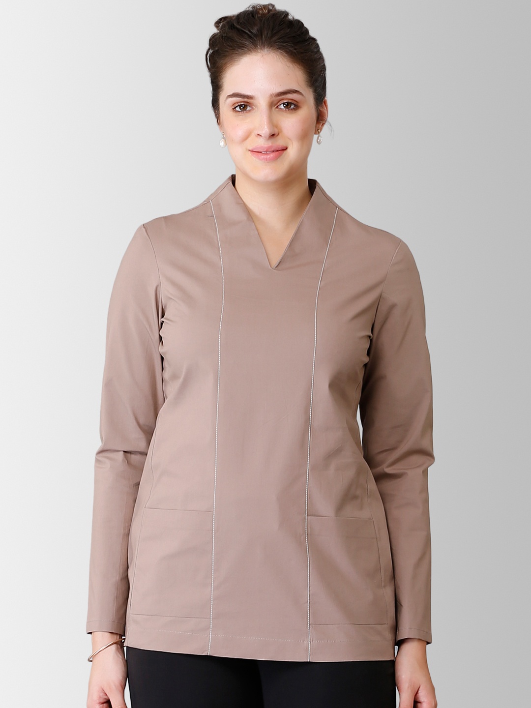 

FableStreet Women Beige Solid Longline Pure Cotton Top