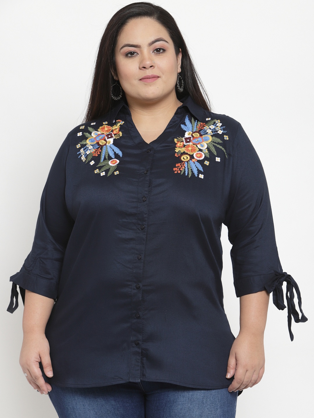 

plusS Women Navy Blue Regular Fit Embroidered Casual Shirt