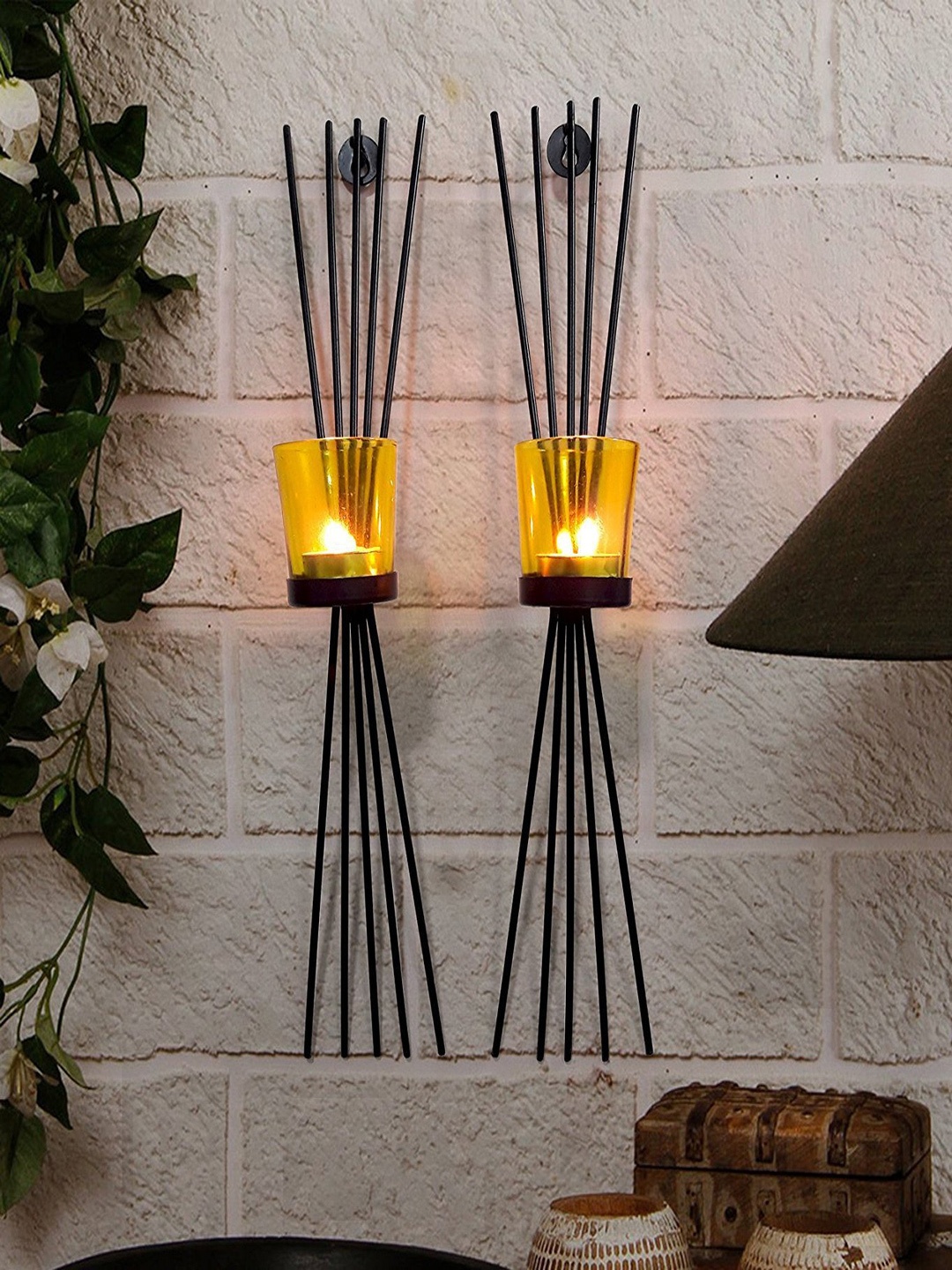

eCraftIndia Set of 2 Black & Yellow Wall Mounted T-Light Holder
