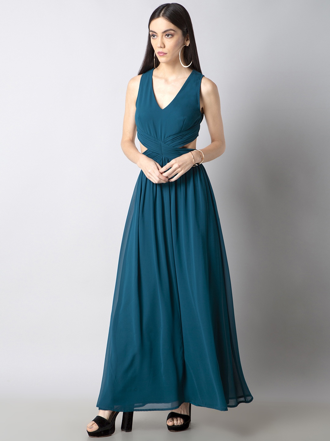 

FabAlley Women Teal Blue Solid Maxi Dress