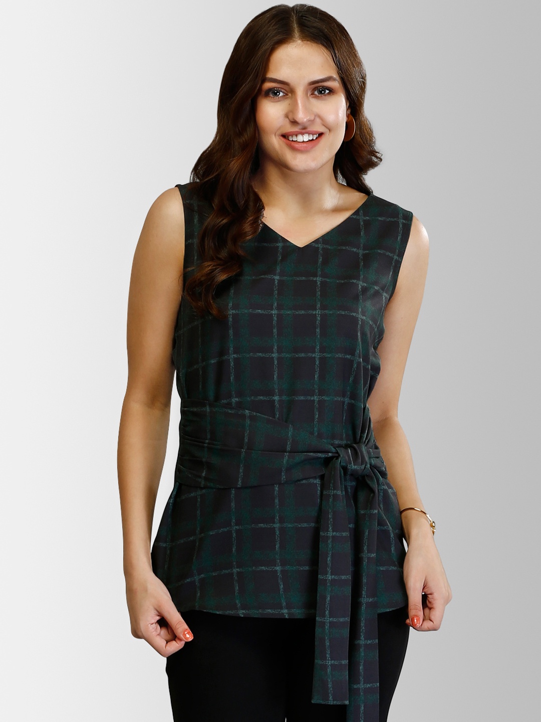 

FableStreet Women Black & Green Checked Cinched Waist Top