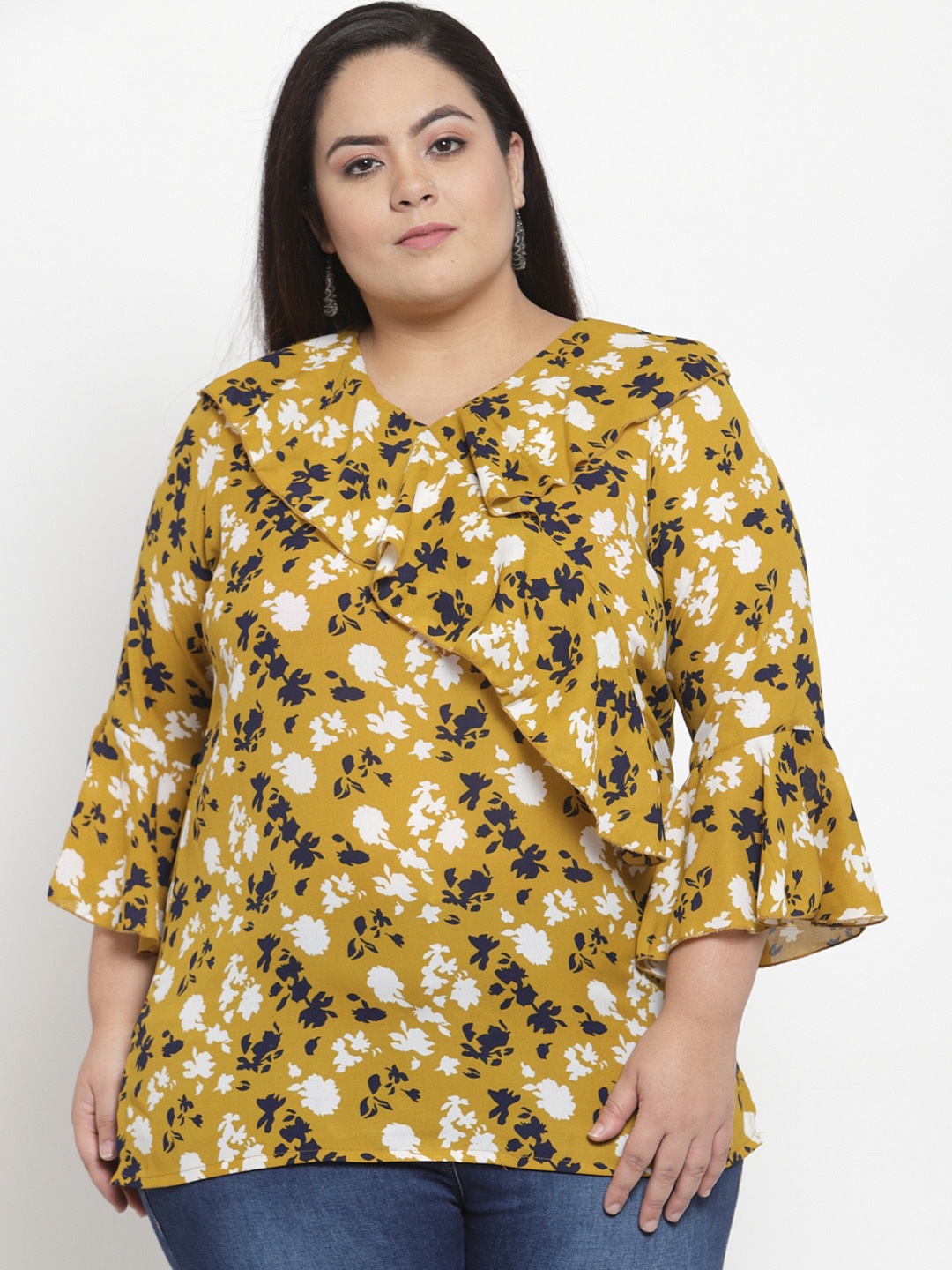 

plusS Women Yellow Printed Longline A-Line Top
