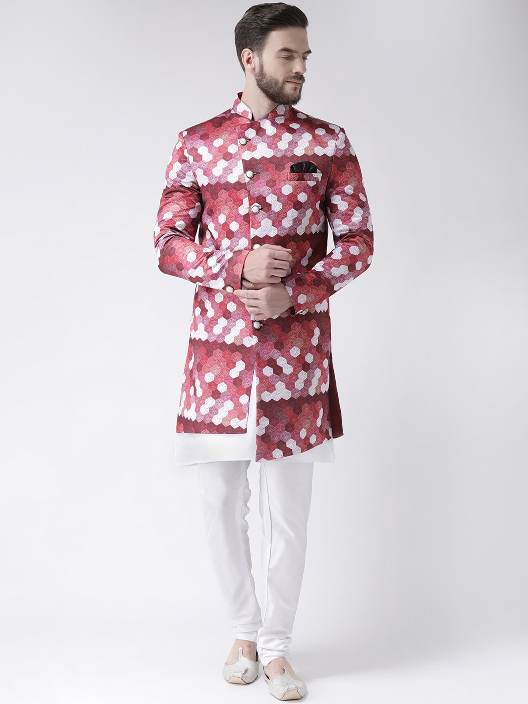 

Hangup Men Pink & White Printed Sherwani Set