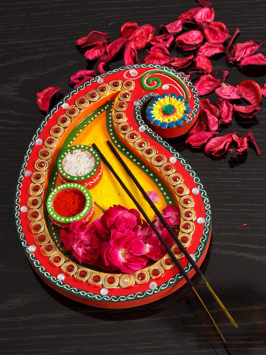

eCraftIndia Yellow & Red Paper-Mache Paisley Design Wooden Pooja Thali