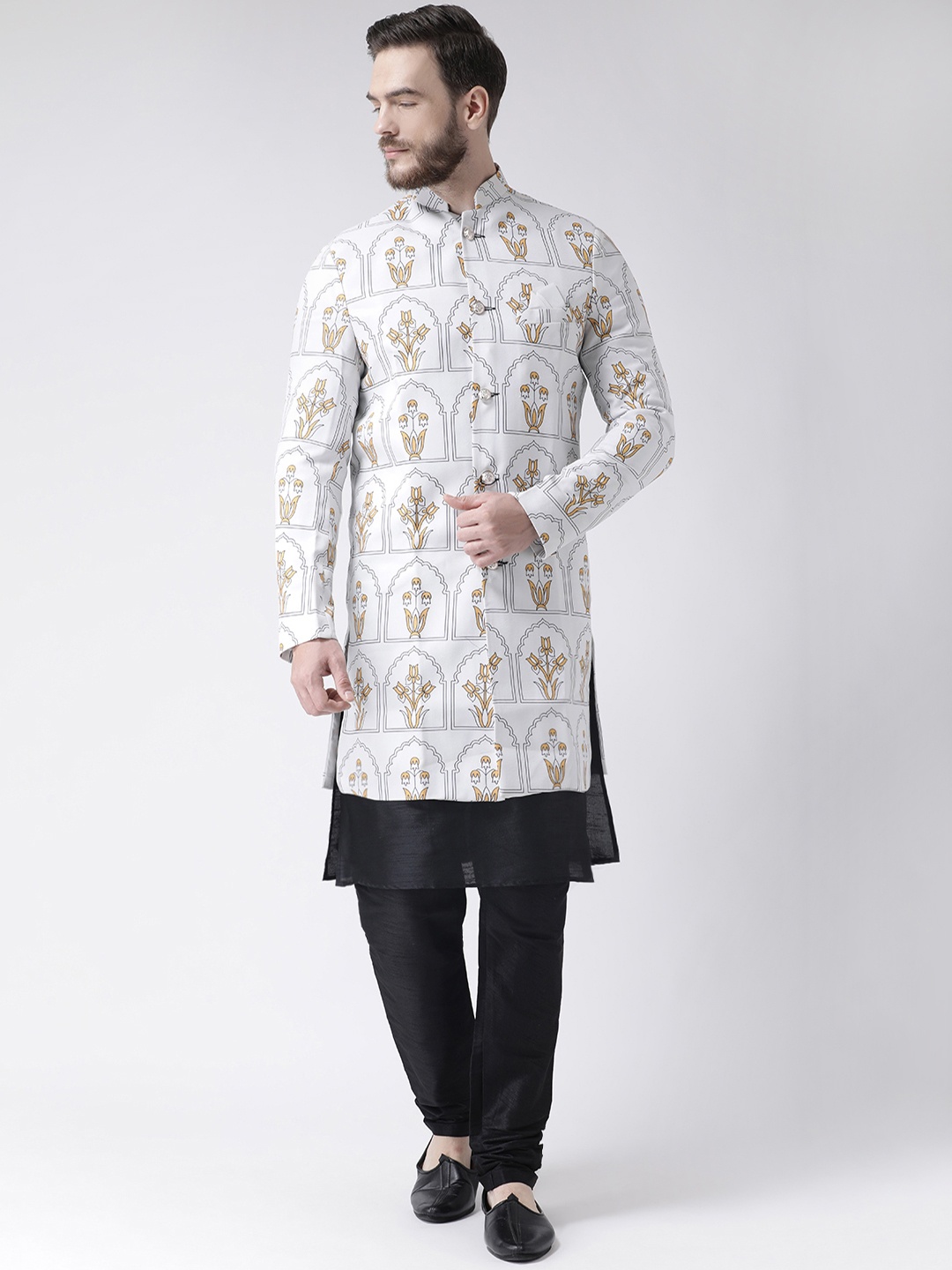 

Hangup Men White, Black & Yellow Printed Sherwani Set