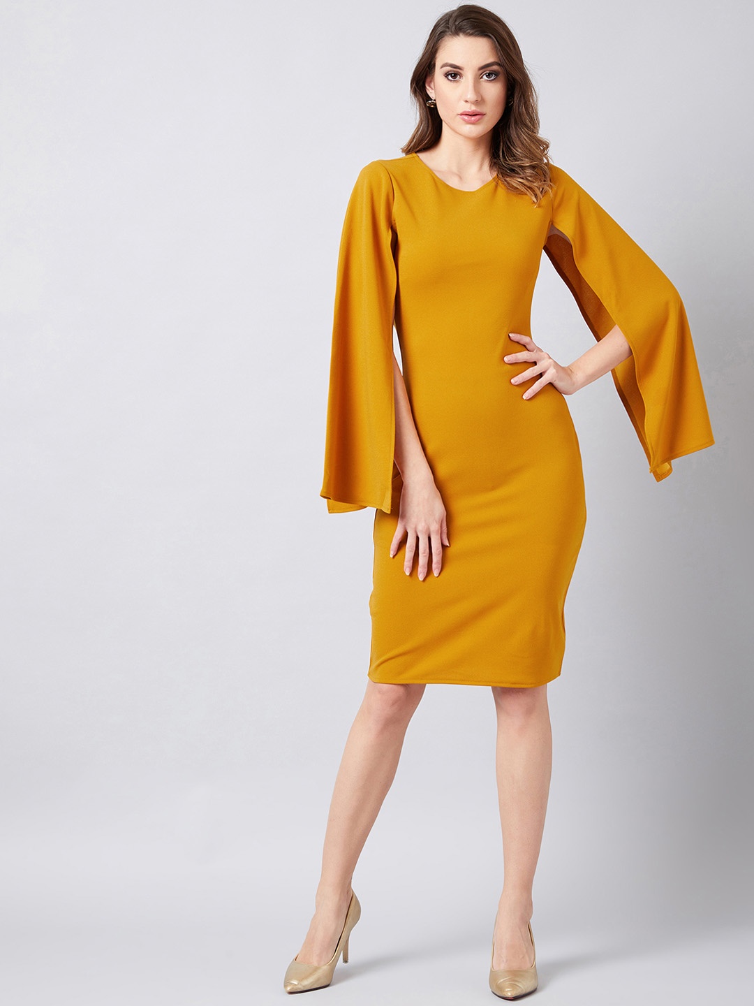 

Athena Women Mustard Yellow Solid Sheath Dress