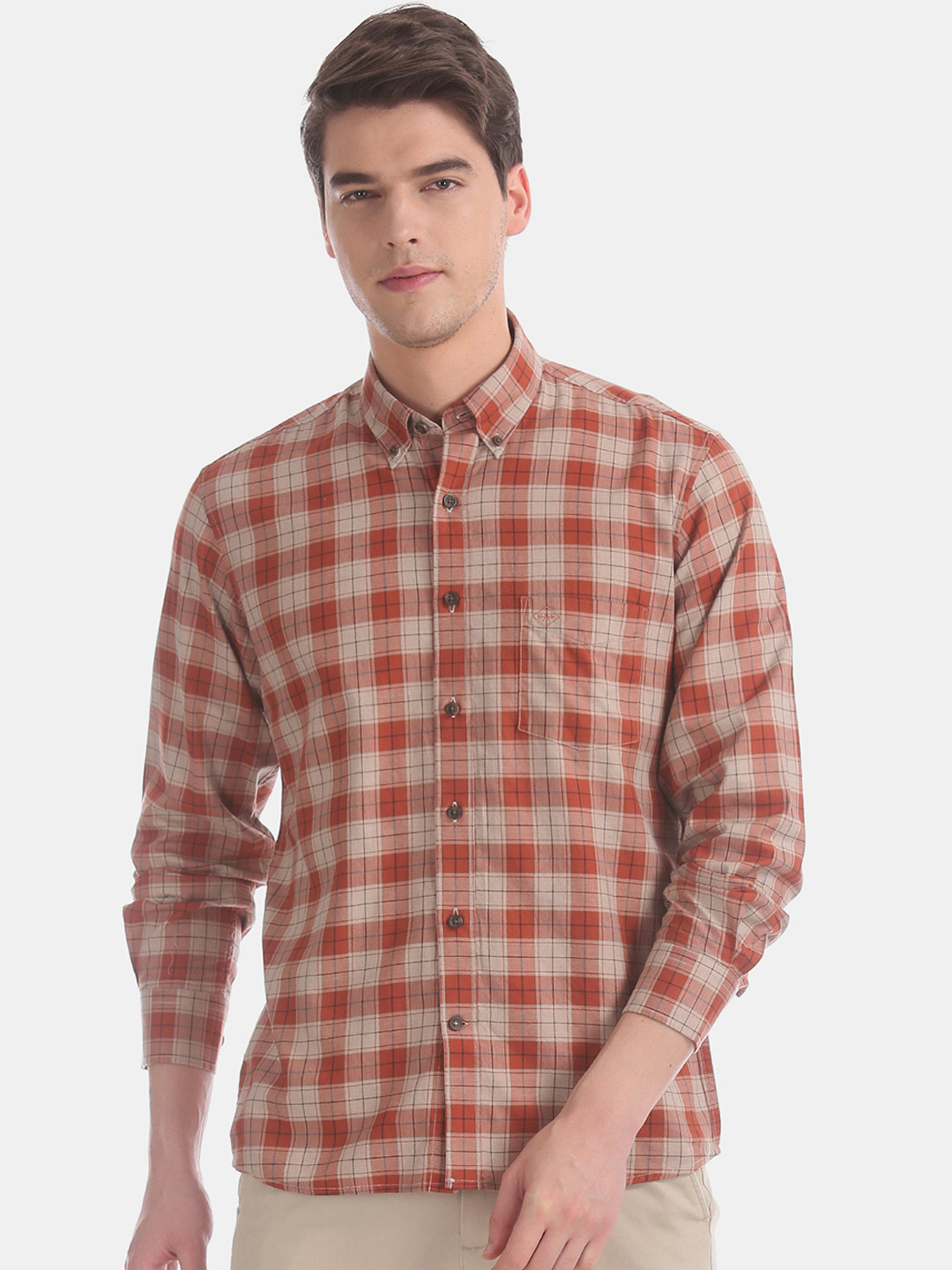 

Arrow Sport Men Rust Orange & Beige Regular Fit Checked Casual Shirt