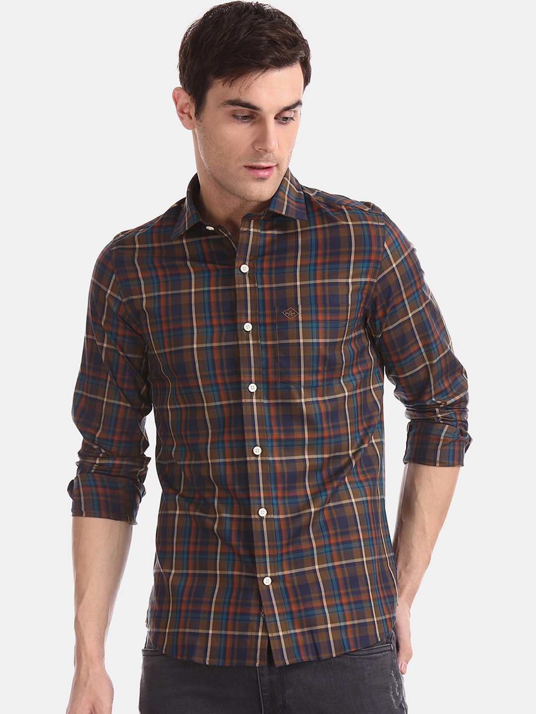 

Arrow Sport Men Olive Green & Blue Slim Fit Checked Casual Shirt