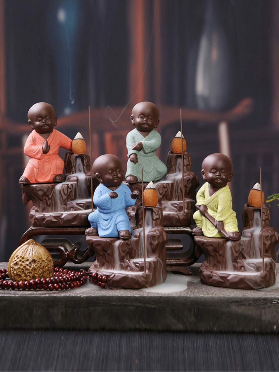 

eCraftIndia Green & Brown Monk Buddha Incense Holder Decorative Showpiece
