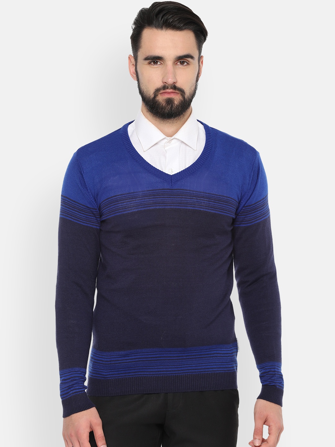 

Van Heusen Men Navy Blue Colourblocked Pullover Sweater