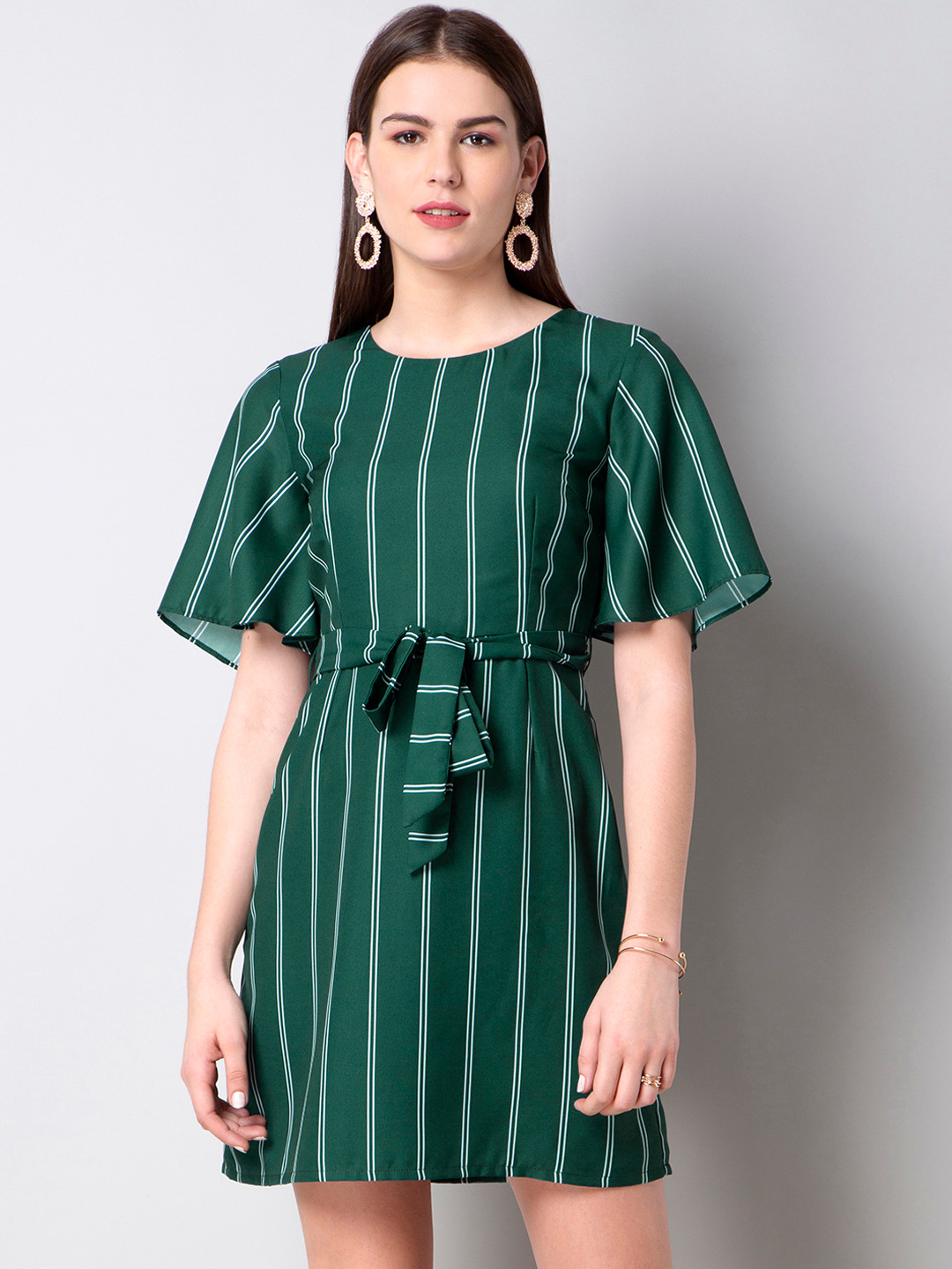 

FabAlley Women Green & White Striped A-Line Dress