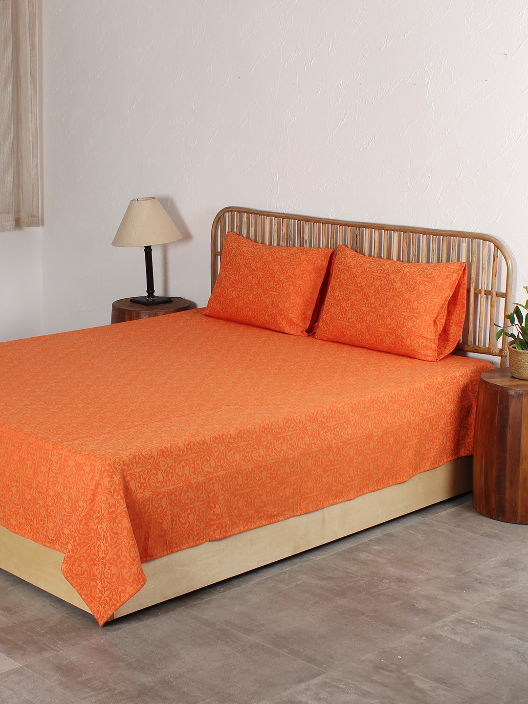 

House This Orange Cotton Queen Size Bed Cover With 2 Pillow Covers