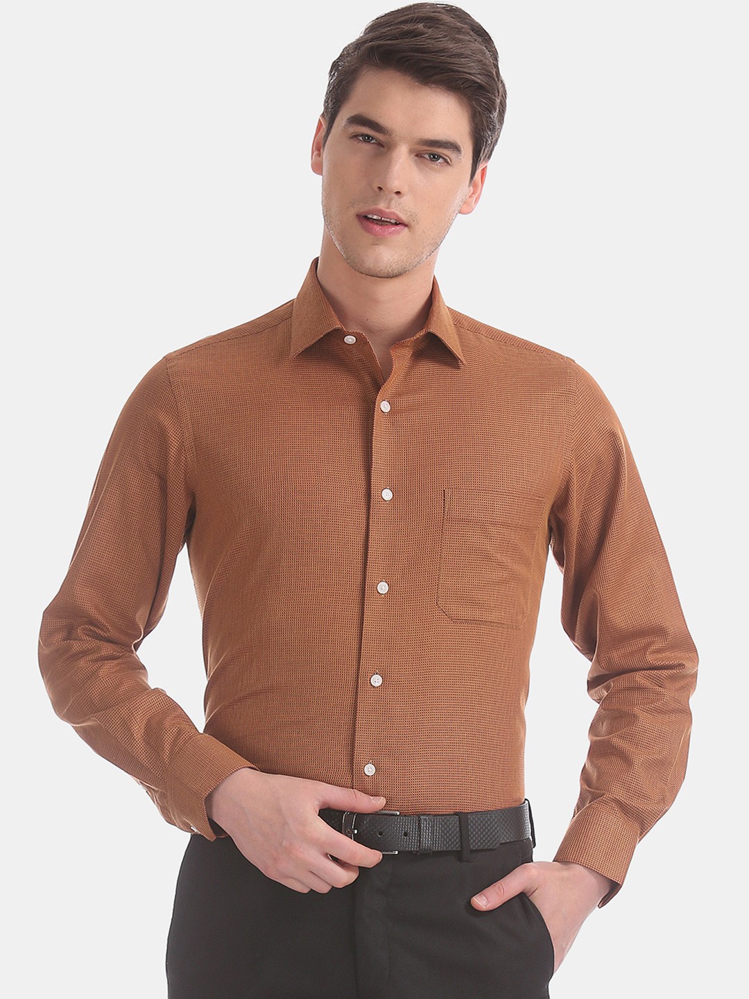 

Arrow Men Rust Brown Self Design Regular Fit Formal Shirt