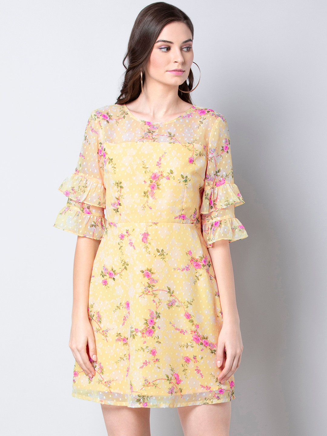 

FabAlley Women Yellow & Pink Floral Print Fit and Flare Dress
