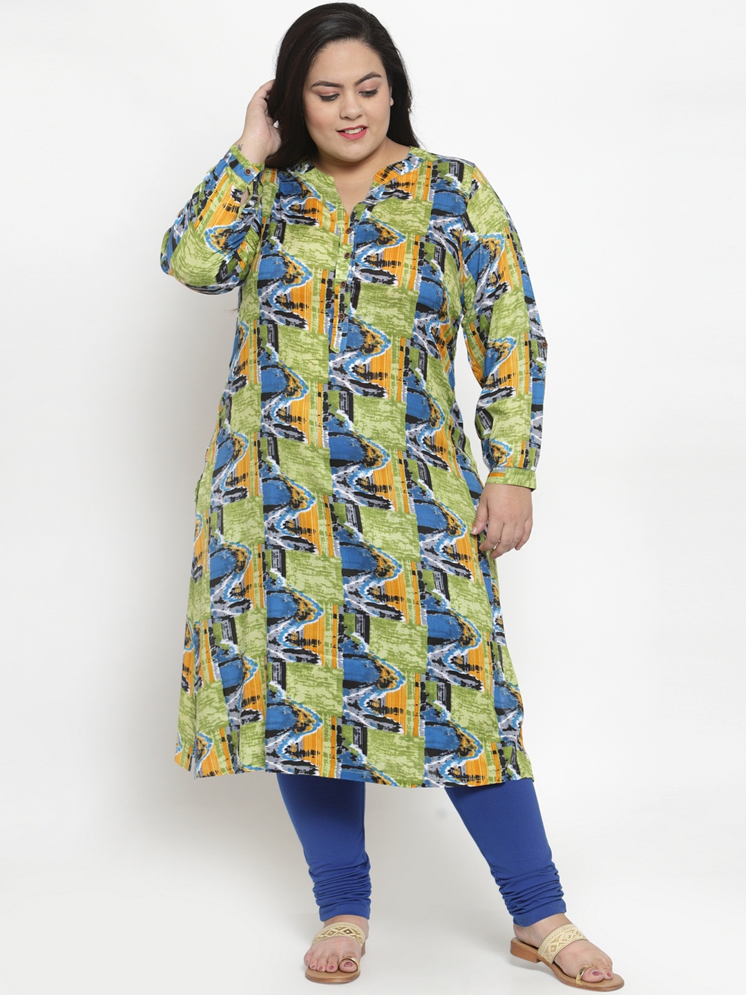 

plusS Women Green & Yellow Printed Straight Kurta
