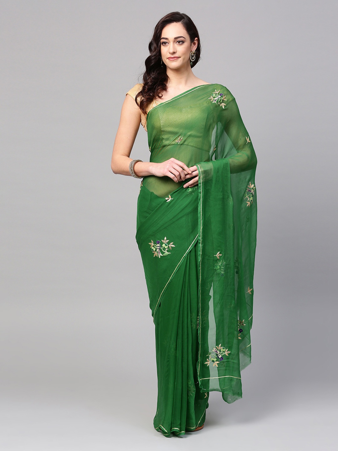 

Geroo Jaipur Green Hand Embroidered Pure Chiffon Sustainable Saree