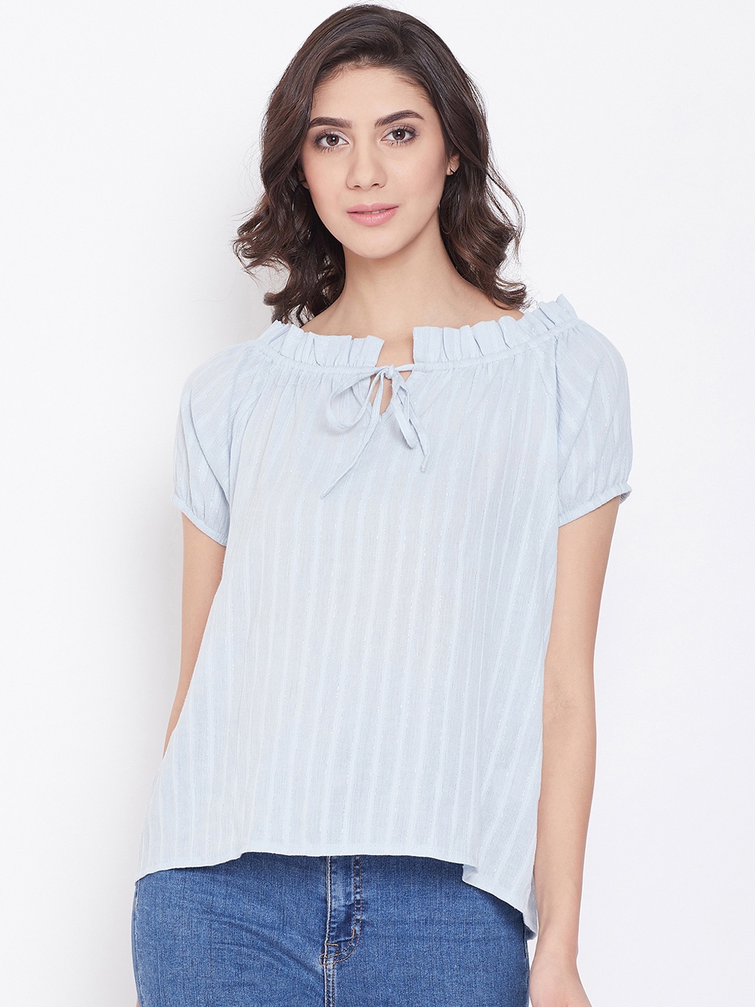 

Imfashini Women Blue Striped Regular Top