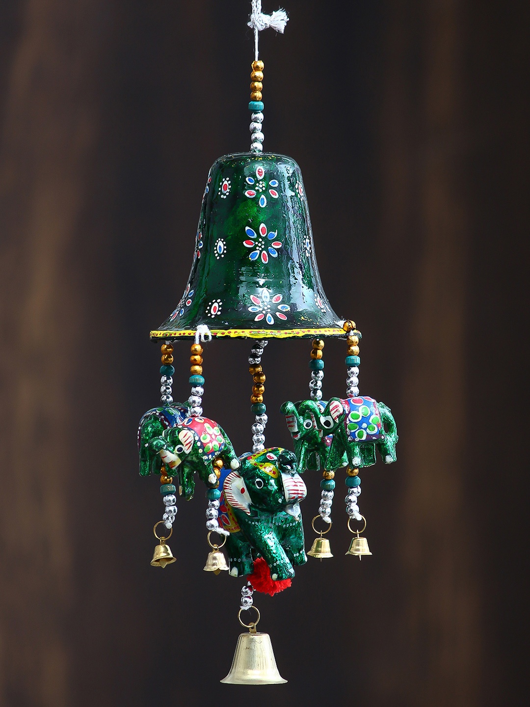 

eCraftIndia Green Handcrafted Decorative Elephant Wall Hanging Bells