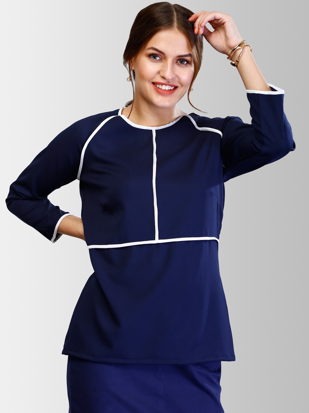 

FableStreet Women Navy Blue Solid Longline Top