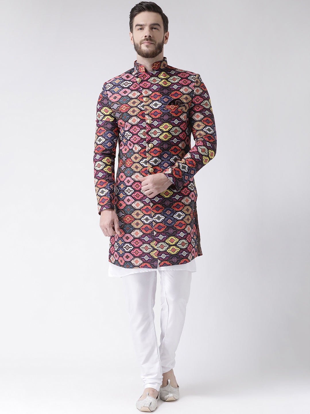Hangup Men Orange & Blue Printed Sherwani Set