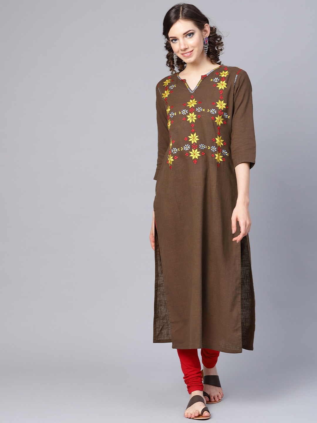 

Varanga Women Coffee Brown & Yellow Embroidered Straight Kurta
