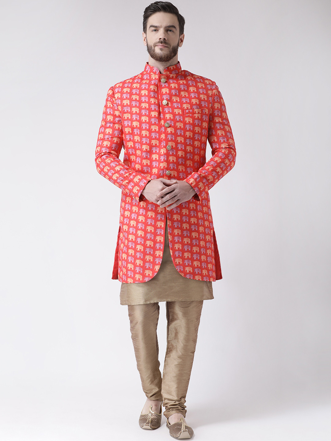 

Hangup Men Orange & Brown Printed Sherwani Set