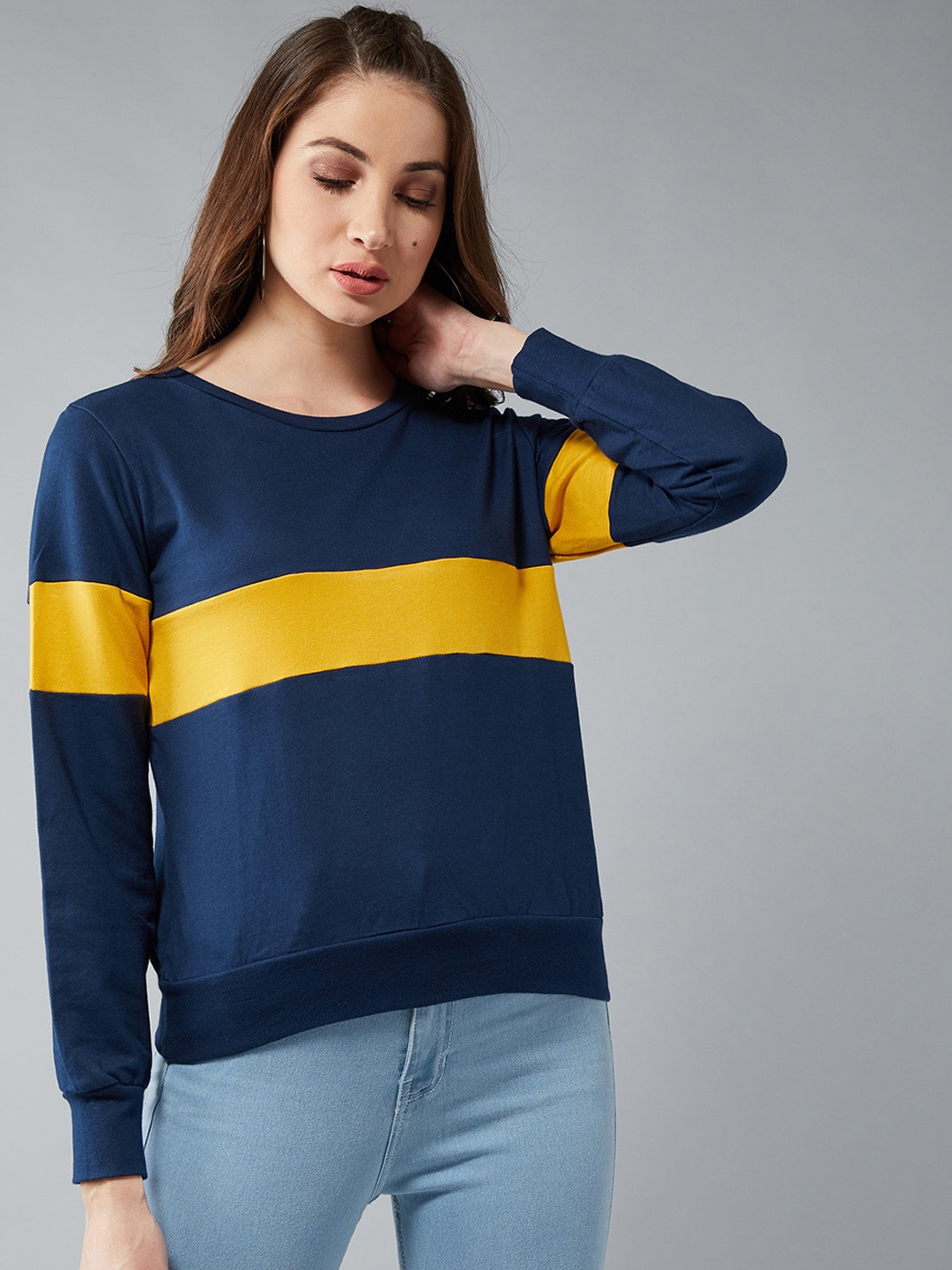 

DOLCE CRUDO Women Navy Blue & Yellow Colourblocked Sweatshirt