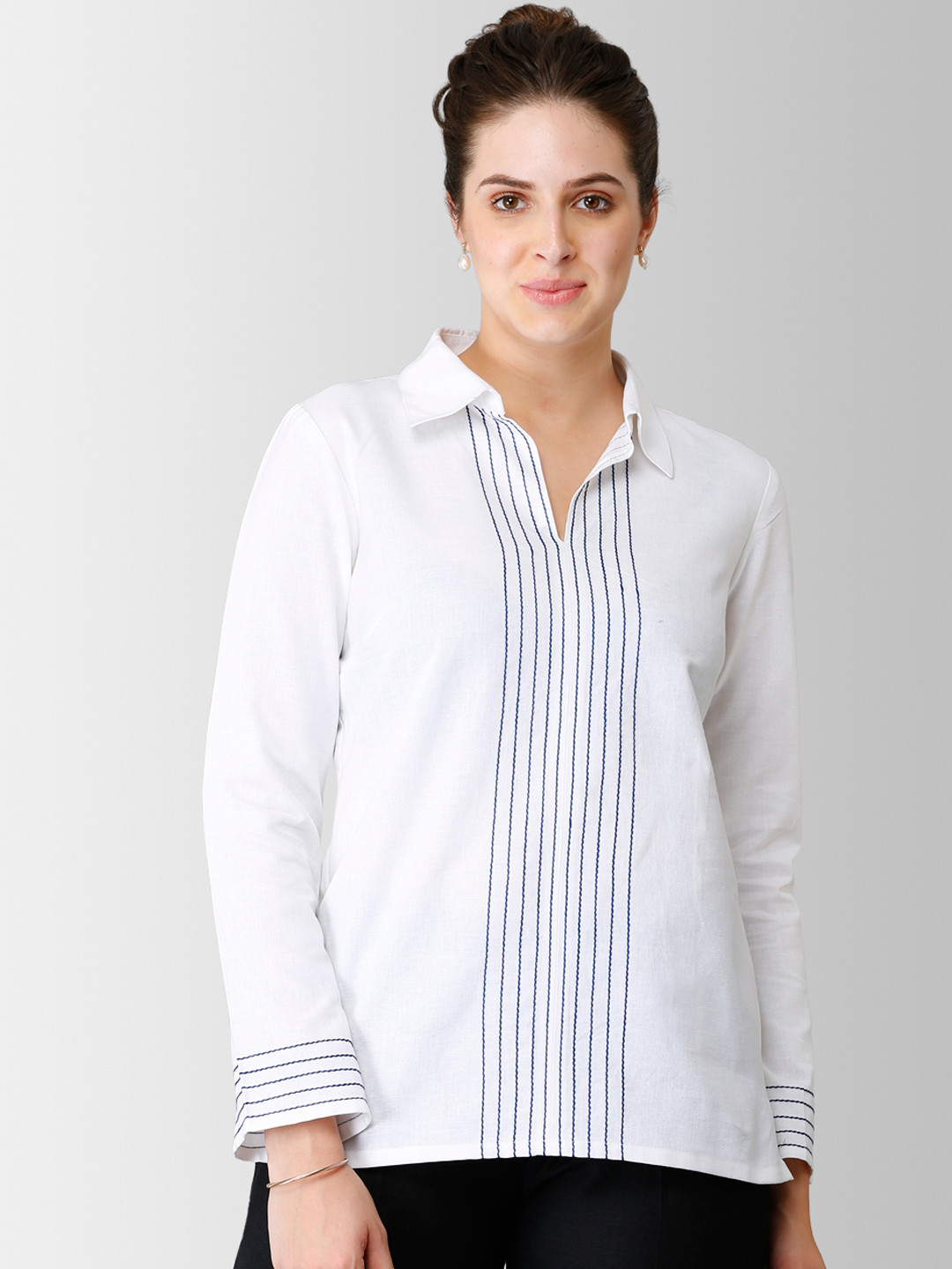

FableStreet Women White Striped Linen Shirt Style Top