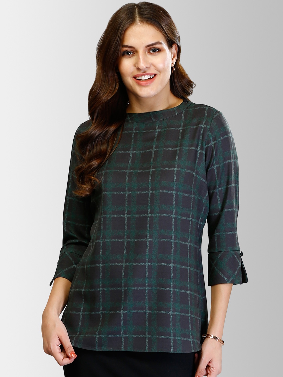 

FableStreet Women Black & Green Checked A-Line Top