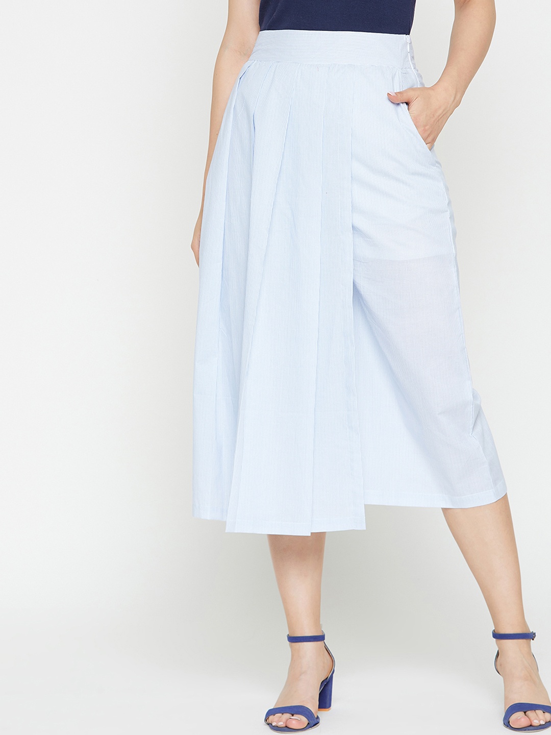 

RARE Women White & Blue Regular Fit Striped Parallel Trousers