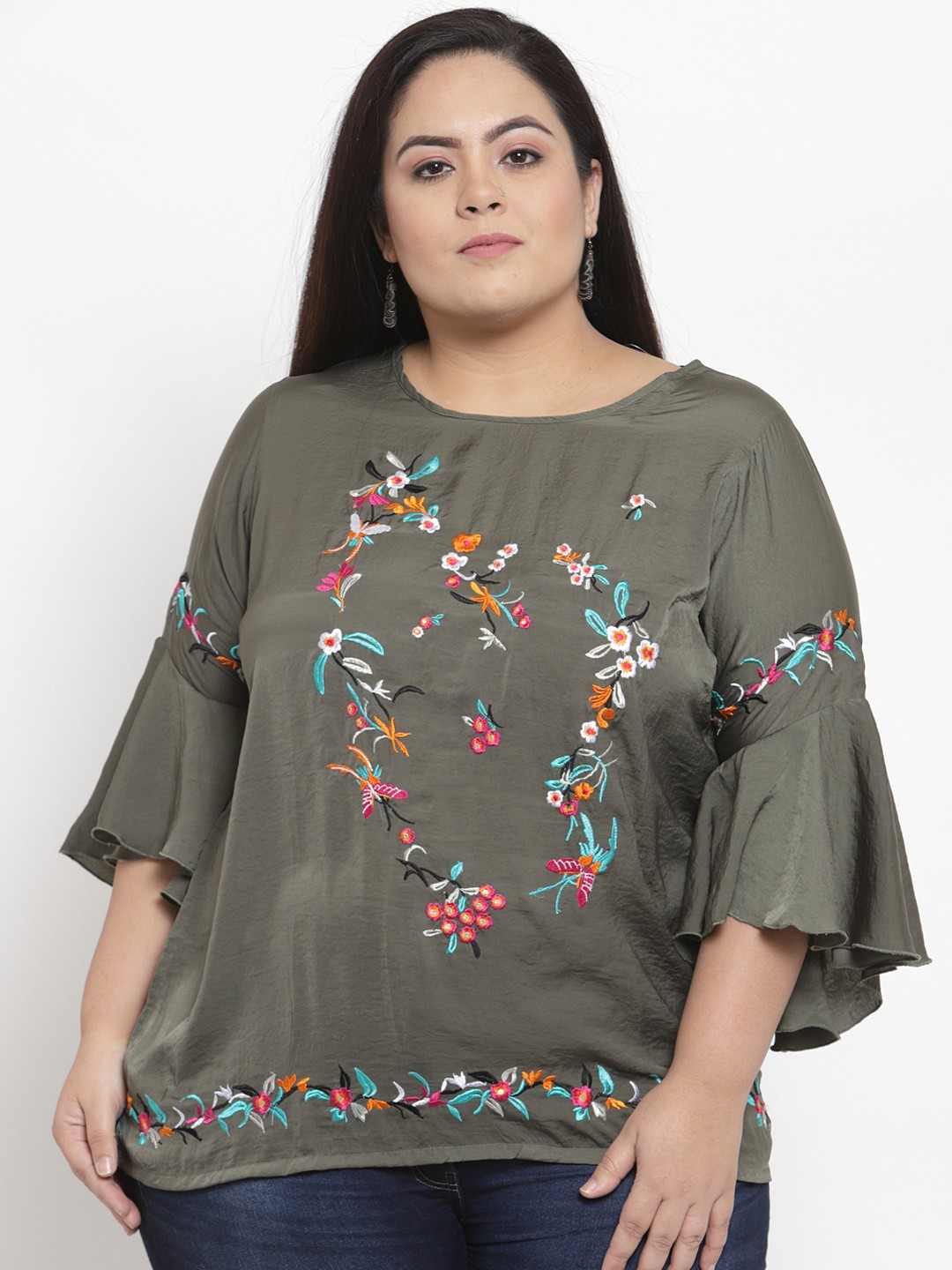 

plusS Women Olive Green Embroidered Top
