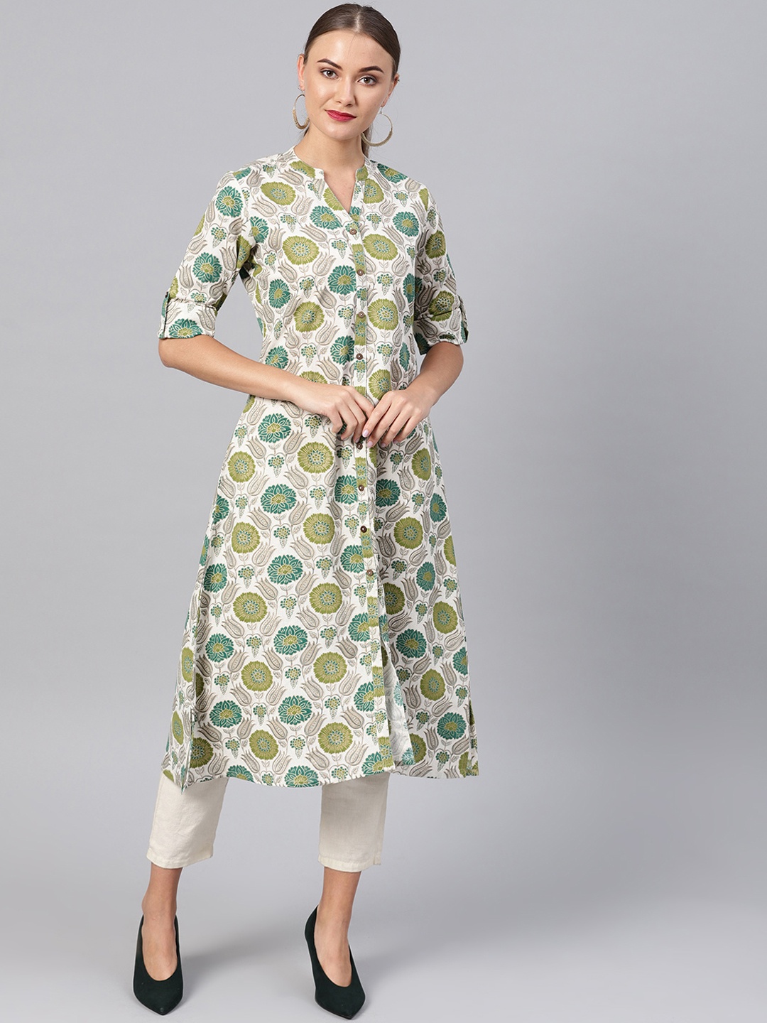 

Varanga Women Green & White Printed A-Line Kurta