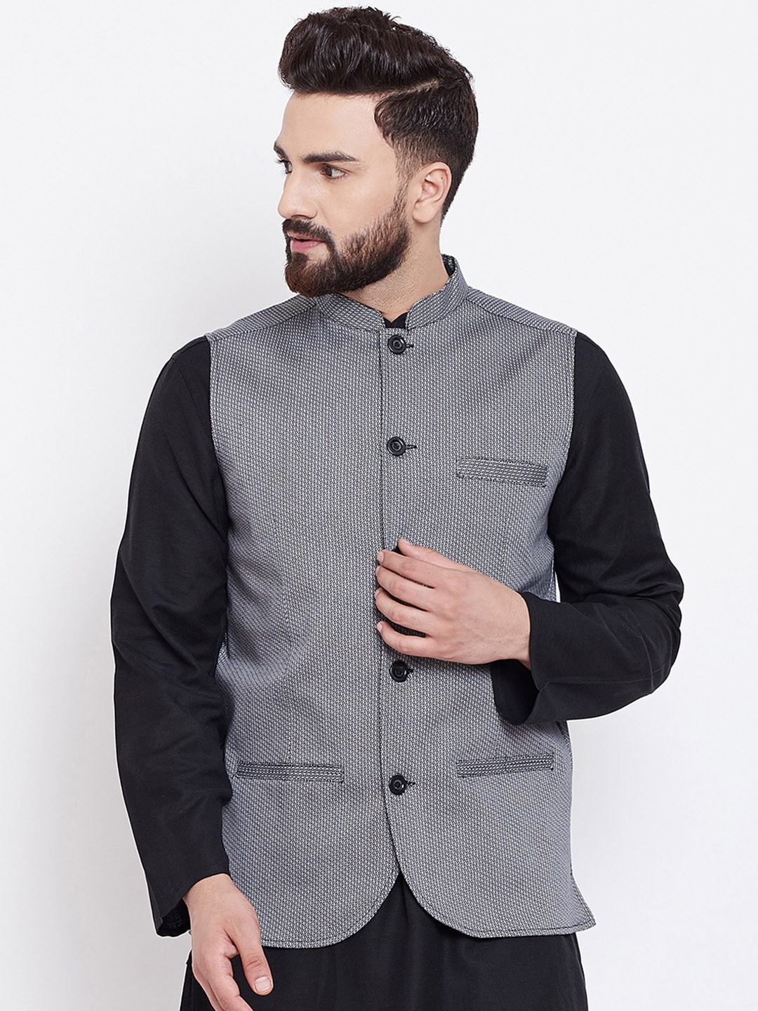

even Men Grey Woven Design Nehru Jacket