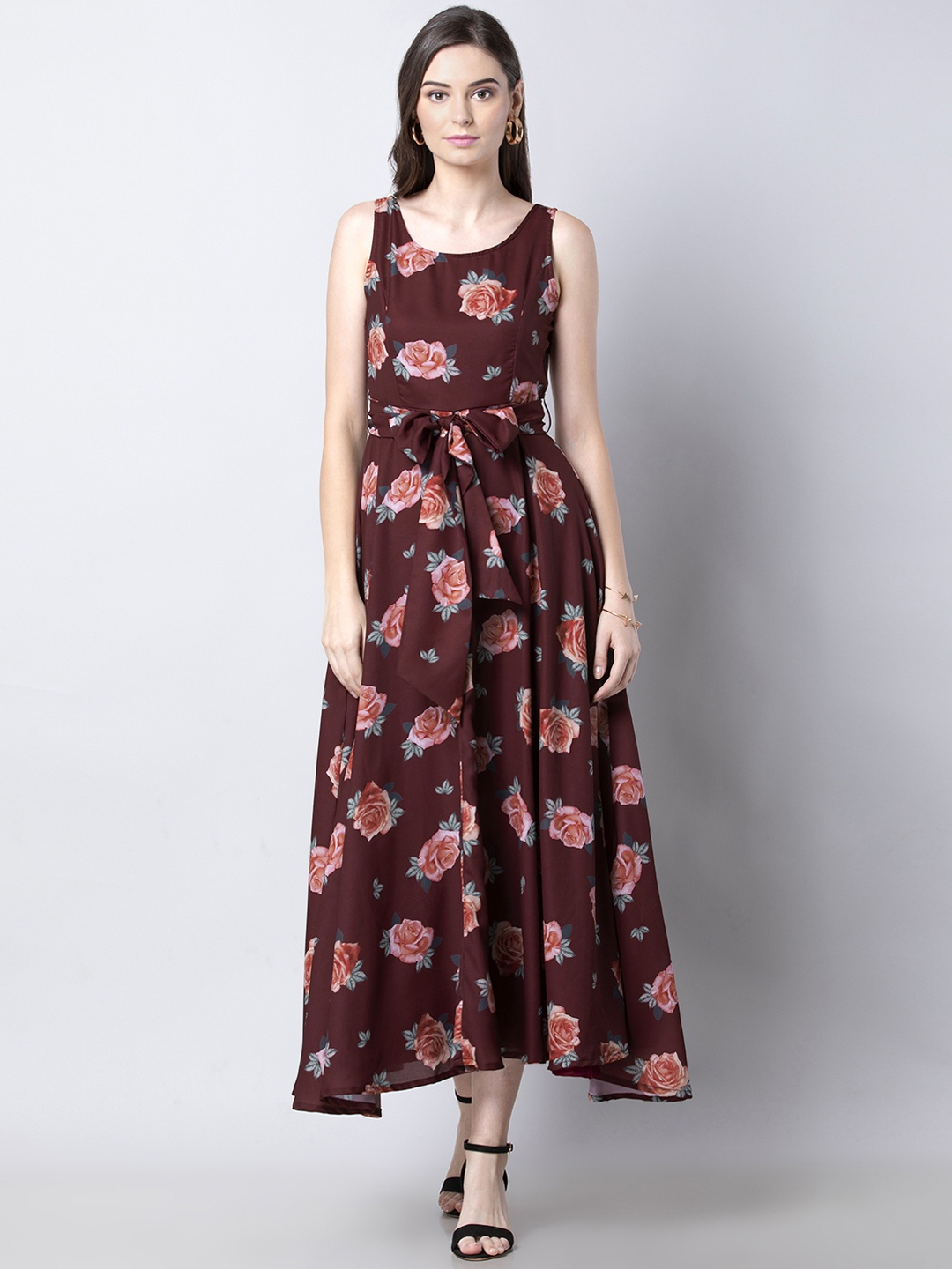 

FabAlley Women Maroon & Green Floral Printed Fit and Flare Dress